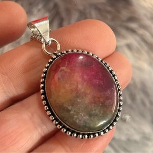 Handcrafted framed watermelon tourmaline 925 sterling pendant necklace